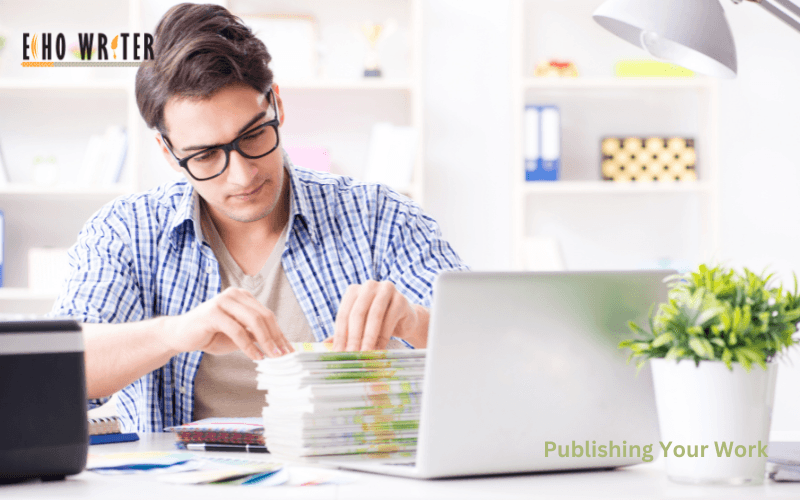 a man looking at a stack of books